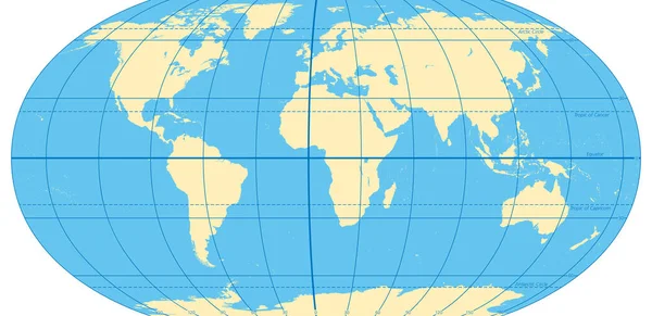 グリニッジ子午線 北極と南極円 がんとカプリコンの熱帯を示す 緯度と経度の最も重要な円を持つ世界地図 イラスト ベクトル — ストックベクタ