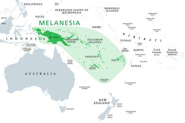 Melanezya, Okyanus 'un alt bölgesi, politik harita. Pasifik Okyanusu 'nun güneybatısındaki Yeni Gine' den Tonga 'ya, Fiji, Vanuatu, Solomon Adaları ve Papua Yeni Gine' ye kadar uzanır. İllüzyon. Vektör.