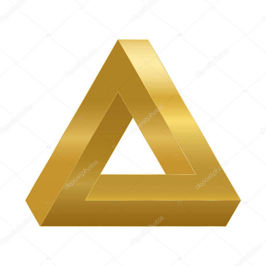 Penrose triangle, optical illusion, golden impossible object. Penrose tribar appears to be a solid object, made of three straight bars. Isolated vector on white background.
