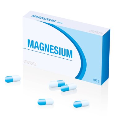 Magnezyum destek hapları kutusu, sahte bir tıbbi ürün. Beyaz arkaplan üzerinde izole vektör illüstrasyonu.