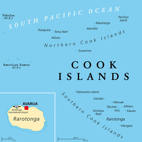 Cook Islands political map with capital Avarua. Self-governing island country in South Pacific Ocean in free association with New Zealand, comprising 15 islands. English labeling. Illustration. Vector