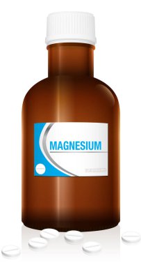 İlaç şişesinde magnezyum hapları, destek hapları şişesi, sahte bir tıbbi ürün. Beyaz arkaplan üzerinde izole vektör illüstrasyonu.