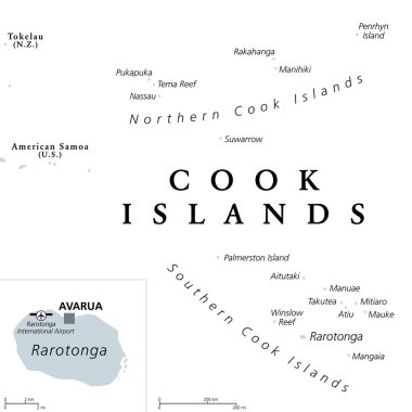 Cook Islands, gray political map with capital Avarua. Self-governing island country in South Pacific Ocean in free association with New Zealand, comprising 15 islands. English. Illustration. Vector. clipart