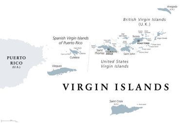 Britanya, İspanya ve Birleşik Devletler Virgin Adaları, gri politik harita. Karayip Denizi 'nde takımada. İngiliz denizaşırı toprakları ve ABD 'nin bağımsız toprakları. İllüzyon. Vektör.