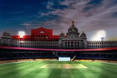 Bangalore View Cricket field general side view and stadium lights on clipart