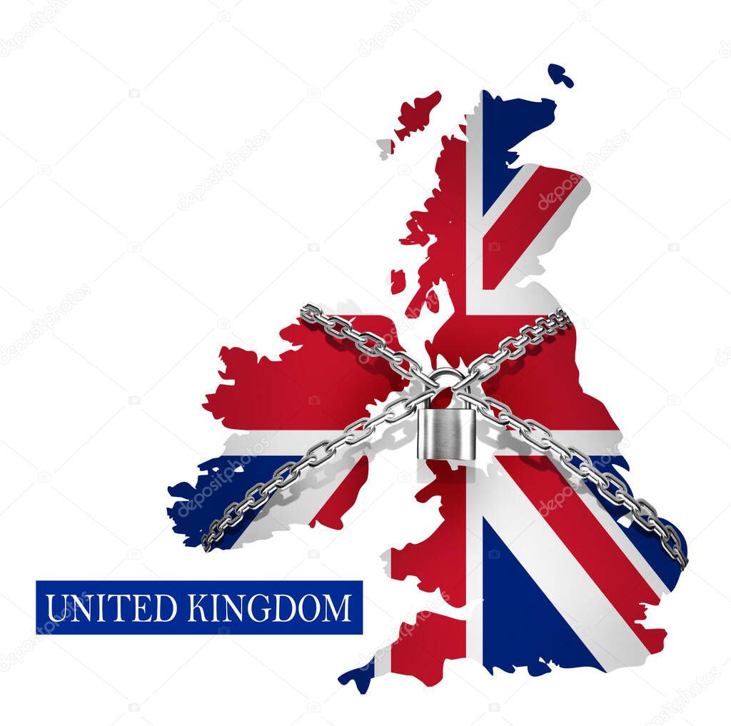 United Kingdom Shutdown Chain and padlock Lock Down, With United Kingdom Flag. 3D illustration