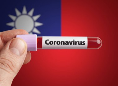 Scientist holding Coronavirus infected blood in test tube in front of Taiwan flag. Epidemic COVID-19 infection in countries in world concept. clipart
