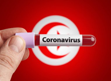Coronavirus 'u tutan bilim adamı Tunus bayrağı önünde test tüpündeki kanı enfekte etti. Dünya konseptindeki ülkelerde salgın Covid-19 enfeksiyonu.