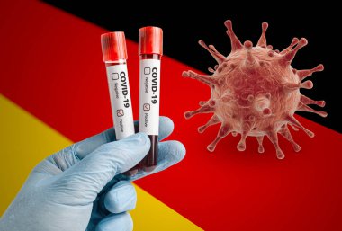 Salgın COVID-19 3d yorumlama konsepti: Test tüplerinde kan örneği tutan bilim adamı test sonuçları pozitif. Almanya bayrağında Coronavirus hücresi.