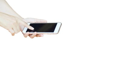  siyah cep telefonu beyaz arka plan izole tutan el.