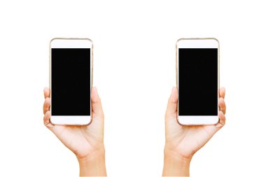  siyah cep telefonu beyaz arka plan izole tutan el.