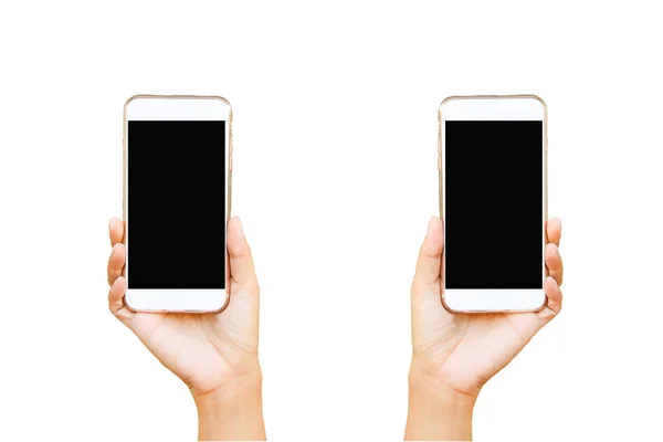 Hand holding black cellphone isolated at white background. — Stock Photo, Image