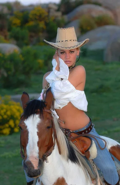 Sexy blonde in a big horse in the nature — Stock Photo, Image