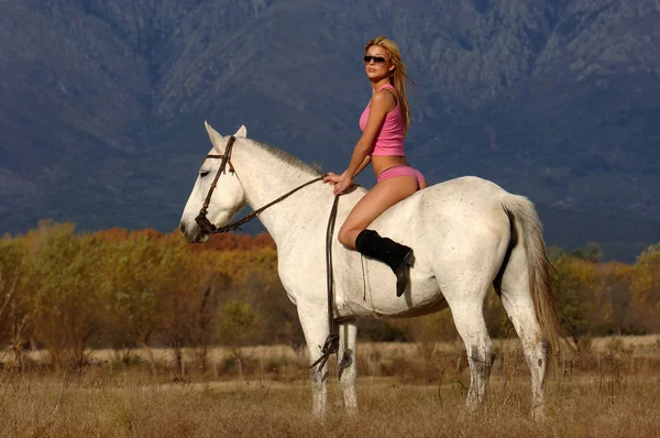 Pretty young blonde girl on the horse at the countryside