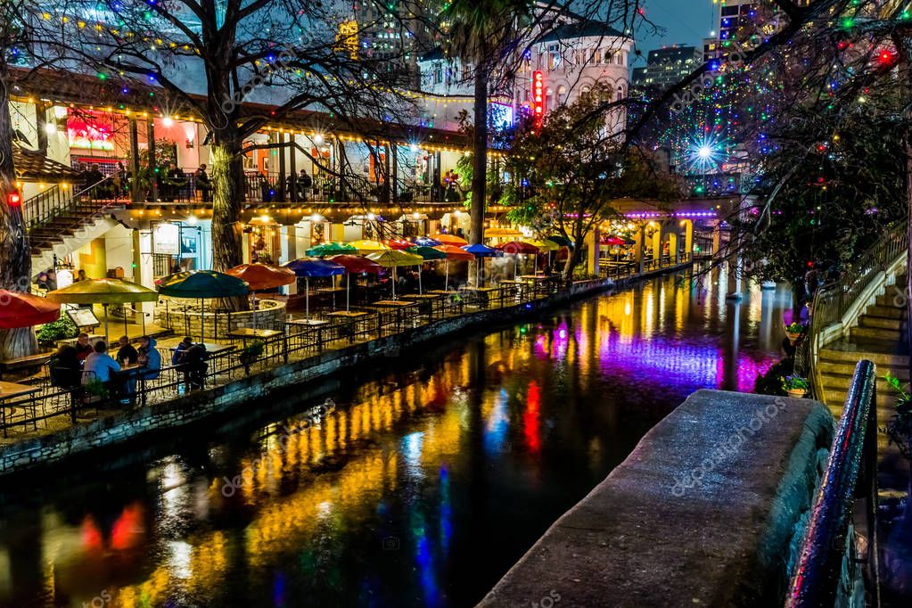 The Riverwalk at San Antonio, Texas, at Night. – Stock Editorial Photo