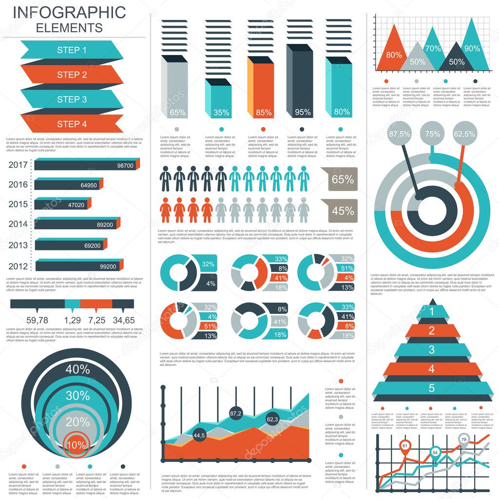 Pack of financial infographic vector design template. Can be used for workflow layout, report, business concept, timeline, pyramid steps or processes, teamwork, cycle diagram, chart, web design.