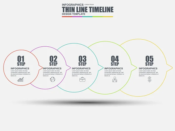 Modèle vectoriel d'éléments infographiques de timeline plate de ligne mince. Peut être utilisé pour le flux de travail, concept d'entreprise avec 5 options, pièces, étapes ou processus, options numériques, diagramme, graphique, visualisation des données . — Image vectorielle