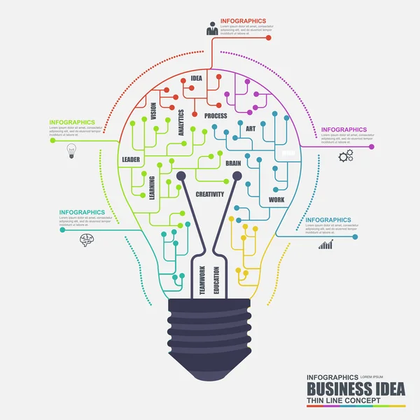 Dünne Linie flache Business Glühbirne Infografik Elemente Vektorvorlage. kann für Workflow, Geschäftslösungskonzept, kreativen Prozess und Idee, Diagramm, Datenvisualisierung, einfaches Logo verwendet werden. — Stockvektor