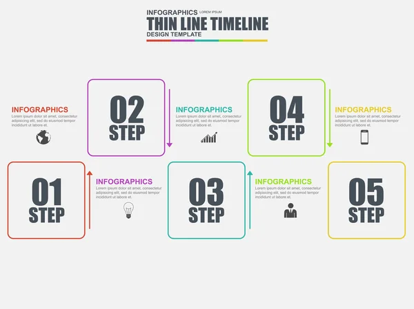 İnce çizgi düz en az Infographic öğeleri şablon vektör. Kullanılabilir iş akışı, iş kavramı ile 5 seçenekleri, parçalar, adımları veya işlemler, için numara seçenekleri, diyagram, grafik, veri görselleştirme. — Stok Vektör