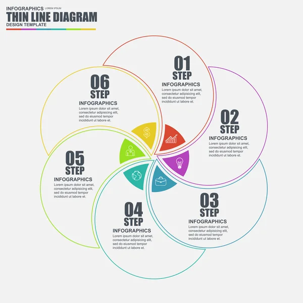 İnce çizgi düz döngüsü diyagramı Infographic öğeleri şablon vektör. İş akışı, veri görselleştirme, iş kavramı ile 6 seçenekleri, parçalar, adımları veya işlemler, afiş, grafik, web tasarım için kullanılan. — Stok Vektör