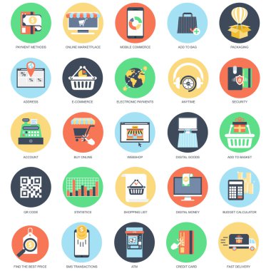 Düz kavramsal Icon set perakende satmak stok ve online pazar