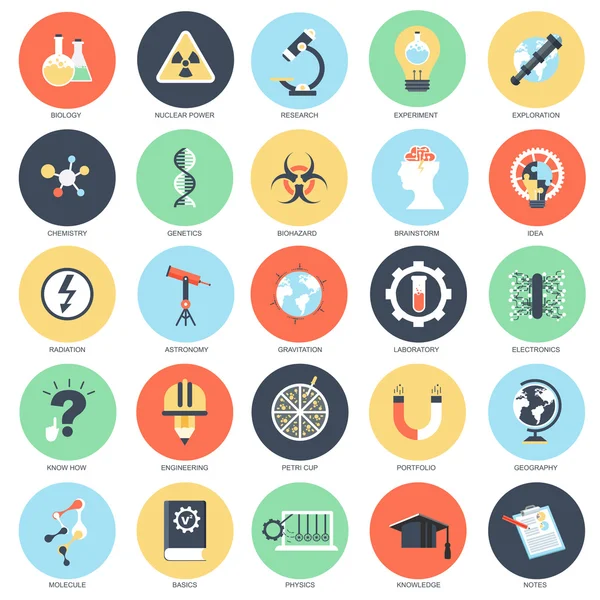 Set di icone concettuali piatte di ricerca e scienza — Vettoriale Stock