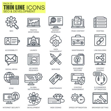 İnce çizgi seo ve geliştirme simgeleri