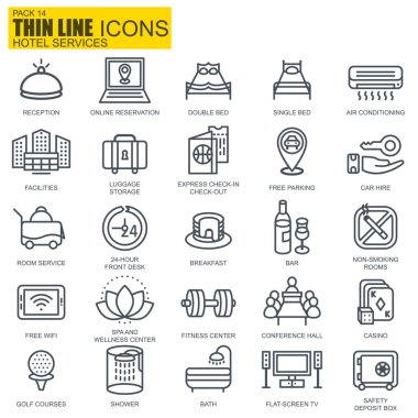 Thin line hotel services and facilities, online booking, travel information icons clipart