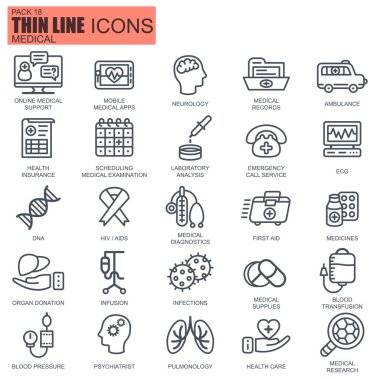 İnce çizgi sağlık ve tıp, hastane Hizmetleri, tıbbi ekipman simgeler