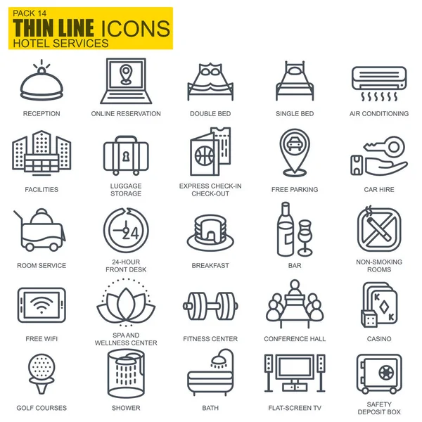 Thin line hotel services and facilities, online booking, travel information icons — Stock Vector