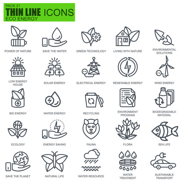 Thin line environment, renewable energy, sustainable technology, nature icons