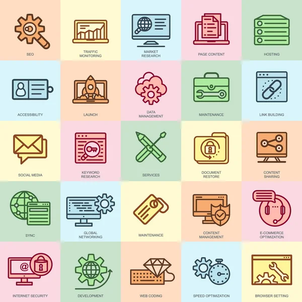 Línea delgada seo y los iconos de desarrollo — Vector de stock