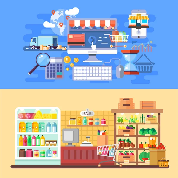 Banderas de supermercado y comercio electrónico — Vector de stock