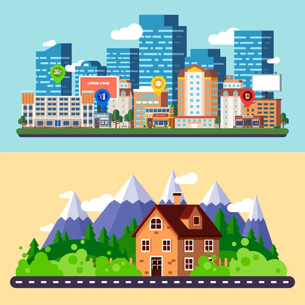 Banderas de ciudad plana y paisajes forestales — Vector de stock