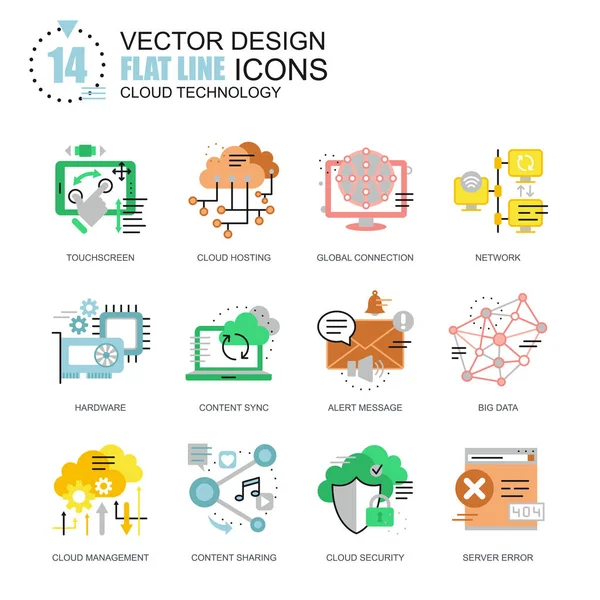 Conjunto de iconos de línea plana de tecnología Cloud — Vector de stock
