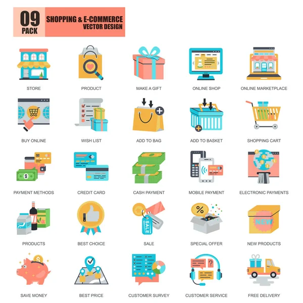 Compras en línea e iconos de comercio electrónico — Archivo Imágenes Vectoriales