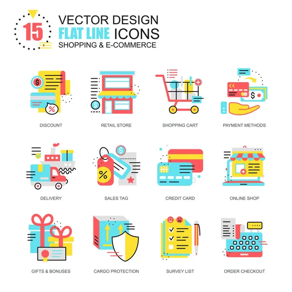 Iconos de comercio electrónico y compras en línea plana — Archivo Imágenes Vectoriales