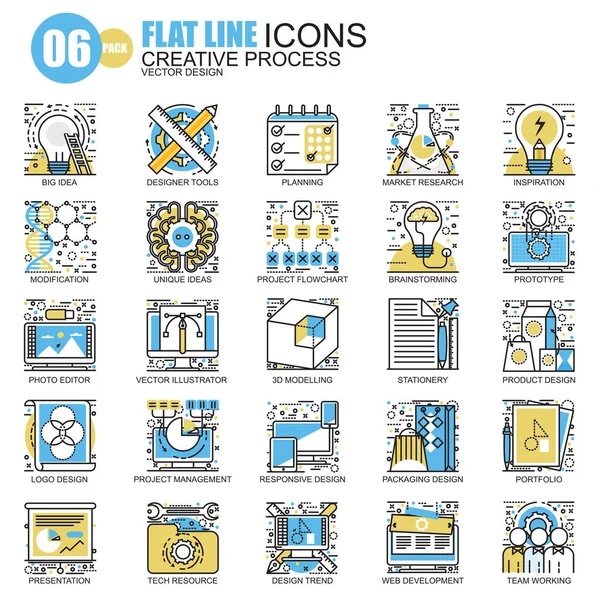 Proceso creativo iconos de línea plana — Vector de stock