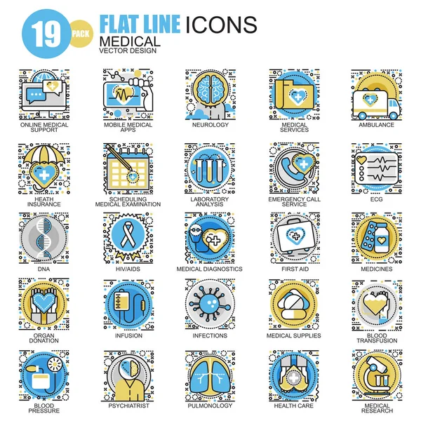 Icônes ligne plate médicale — Image vectorielle