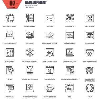 İnce çizgi web tasarım ve geliştirme simgeleri