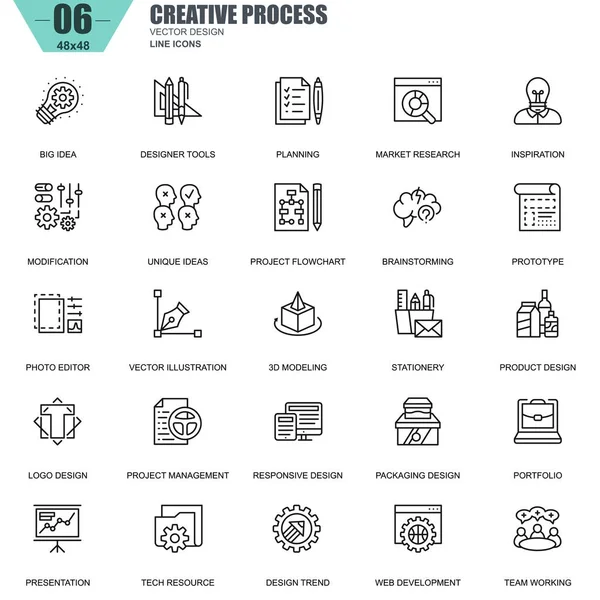 Icônes de processus créatif ligne mince — Image vectorielle