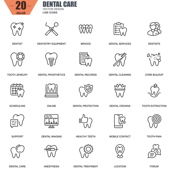 Iconos de cuidado dental delgada línea — Vector de stock