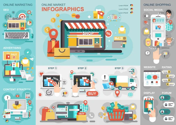 Online Pazar Düz Infographic Vektör Tasarım Şablonu Süreci Alışveriş Ticaret — Stok Vektör
