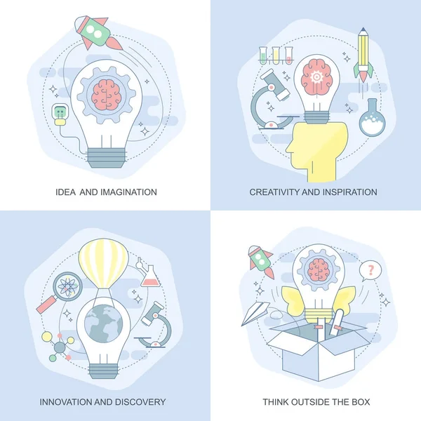 Niebieski Zestaw Płasko Pojęciowy Ikony Kreatywności Inspiracji Pomysł Wyobraźni Innowacje — Wektor stockowy