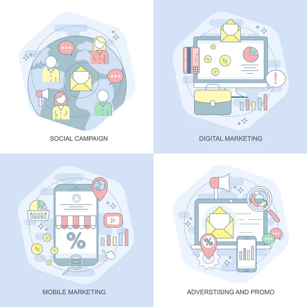 Conjunto Iconos Conceptuales Planos Azules Campaña Social Marketing Digital Marketing — Vector de stock