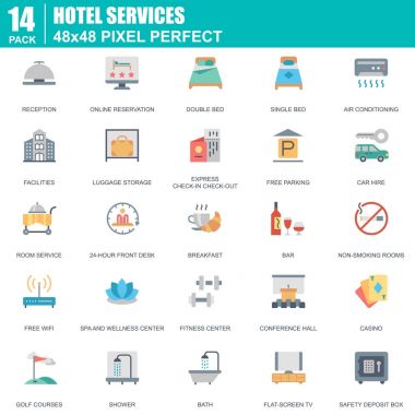 Düz otel hizmetleri ve İmkanları, online rezervasyon kutsal kişilerin resmi web sitesi ve mobil site apps için ayarlayın. Resepsiyon, böyle simgelerle içerir Bar. 48 x 48 piksel mükemmel. Düzenlenebilir inme. Vektör çizim