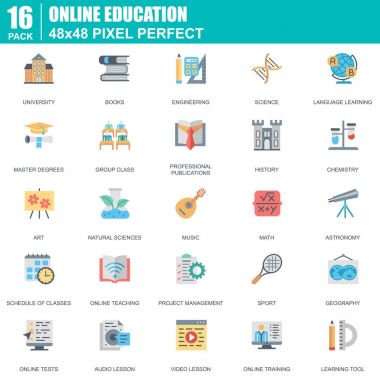 Düz online eğitim, e-öğrenme, e-kitap kutsal kişilerin resmi web sitesi ve mobil site ve uygulamalar için ayarlayın. Kitap, Kütüphane, Webinar olarak böyle simgeleri içerir. 48 x 48 piksel mükemmel. Düzenlenebilir inme. Vektör çizim.