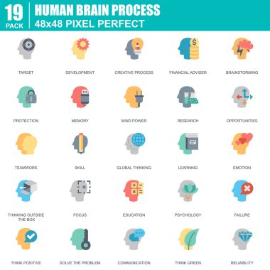 Düz insan beyninin işlem, özellikleri ve duygu simgeleri Web sitesi ve mobil site ve uygulamalar için ayarlayın. Hedef olarak, beceri böyle simgeleri içerir. 48 x 48 piksel mükemmel. Düzenlenebilir inme. Vektör çizim