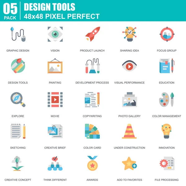 ウェブサイトとモバイル サイトとアプリのフラットなデザイン ツール アートおよびメディア アイコンを設定します 技術革新 ビジョン 絵画などのアイコンが含まれています ピクセル パーフェクトな — ストックベクタ