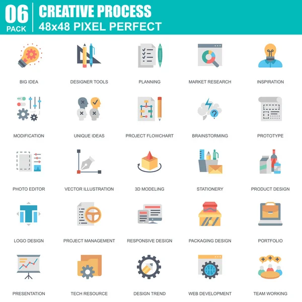 Плоские Иконки Творческого Процесса Рабочего Процесса Веб Сайта Мобильных Сайтов — стоковый вектор